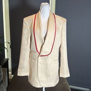 Men’s Floral Cream 2 Piece Tuxedo Suit Shawl Lapel Red Trim 34 Jacket 31 Pants